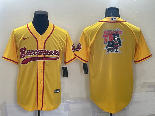 Men's Tampa Bay Buccaneers Yellow Team Big Logo With Patch Cool Base Stitched Baseball Jersey - Click Image to Close